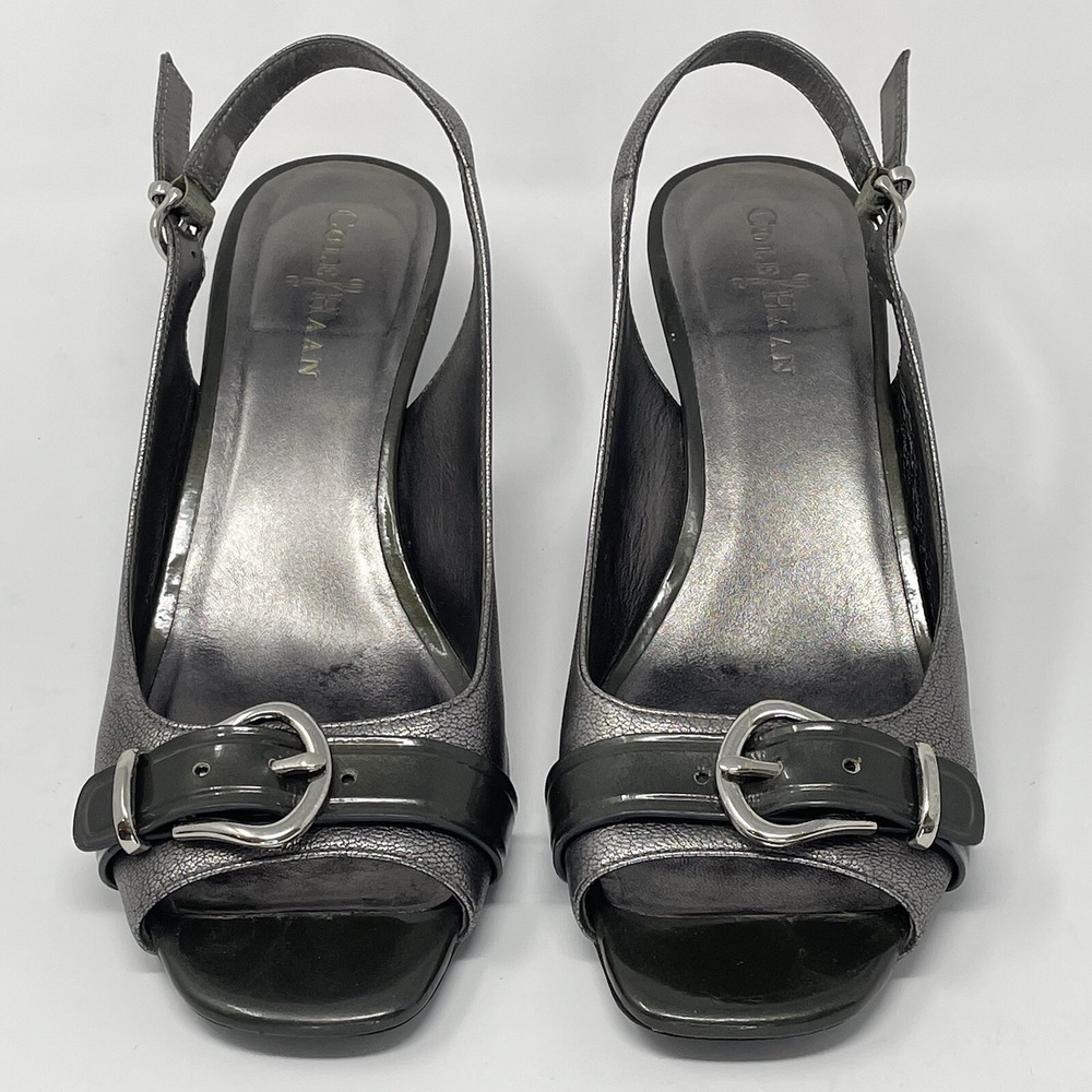 COLE‎ HAAN Air Silver Slingback Open Toe Buckle Sandals Heels D36499 Size 7.5 B